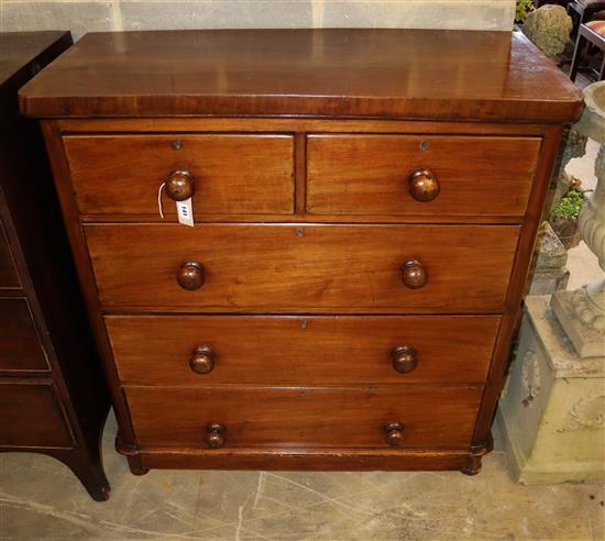 A Victorian mahogany chest of three long and two short drawers, width 101cm, depth 45.5cm, height 107cm